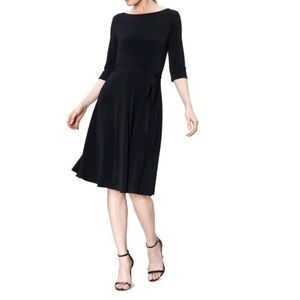Leota Ilana Jersey Midi Dress Size L Long Sleeves Belted Scoopback LBD Office
